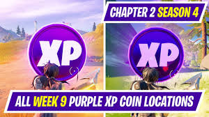 For fortnite week 9, epic games have decided to release two new gold xp coins to help people level up and earn the foil skin styles for the battle pass skins much quicker. Week 9 Purple Xp Coin Locations In Fortnite Season 4 Where To Find Week 9 Purple Xp Coins Youtube