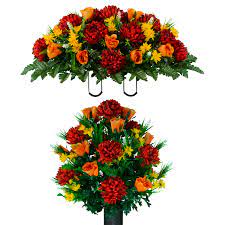 Add to favorites xl patriotic, memorial, veterans sympathy artificial silk bouquet cemetery tombstone grave saddle crazyboutdeco 5 out of 5 stars (1,114. Sympathy Silks Artificial Cemetery Flowers Burgundy Mum And Orange Rose Bouquet Saddle Walmart Com Walmart Com