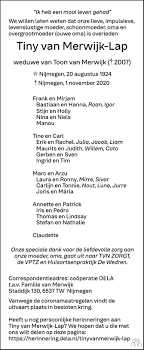 Explore genealogy for antje (van merwijk) van daalen born 1819 bemmel, gelderland, nederland father bride hermanus van merwijk. Tiny Van Merwijk Lap 01 11 2020 Overlijdensbericht En Condoleances Mensenlinq Nl