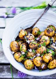 Grilled Potato Salad With Black Garlic And Chives Grilled Potato Salad Potatoe Salad Recipe Grilled Potatoes