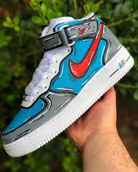 Red Grey Blue Cartoon White Nike Air Force One Mid Custom Sneaker Custom Shoes Diy Nike Air Shoes Custom Nike Shoes