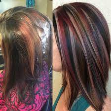 Red Black And Blonde Hair Chunky Highlight Matrix Socolor Instagram Hairbycrystalhodges Brunette Hair Color Burgundy Hair Maroon Hair