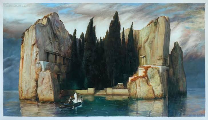 Isle of the Dead (Toteninsel) - Arnold Böcklin hand-painted oil painting  replica, desolate, rocky islet seen across an expanse of dark water