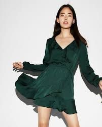 Express Long Sleeve Ruffle Dress Satin Ruffle Dress Long Sleeve Mini Dress