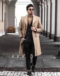 The blazer is perfectly oversized where it can be very easily casual and paired with all sorts of outfits. Men S Camel Overcoat Black Double Breasted Blazer Tan Turtleneck Black Dress Pants Lookastic