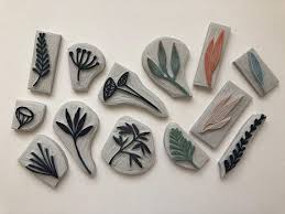 Botanische Bloemen Gras Handgesneden Stempel Bloemen Planten Worden Afgedrukt Floral Stempel Patroon Kruiden Onk Botanical Flowers Stamp Making Hand Carved