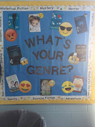 Middle School Library Bulletin Board Genre Emoji Middle School Library Bulletin Boards School Library Bulletin Boards Middle School Libraries