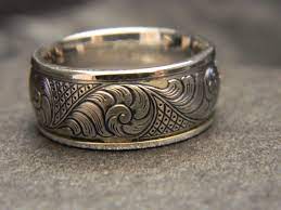 10mm Wide Titanium Hand Engraved Ring With 14k White Gold Wrap And Standard Scroll Cross Hatch Engraving Mens Ring Designs Engraved Jewelry Mens Silver Rings