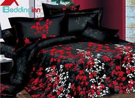 Black And White Floral Bedding Set White And Red Flowers Design With Black Background 4 Piece Duvet Cover Sets Floralbedding 3dbedding Black Bedding Bedroom Red Black Comforter