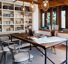 Industrial Office Decor Light Fixtures From Anthropologie Desk From Restoration Hardware Industrial Home Offices Home Office Design Contemporary Home Office