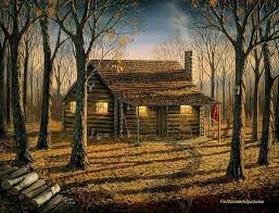 A Log Cabin In The Woods Fall Canvas Painting Cottage Art Painting