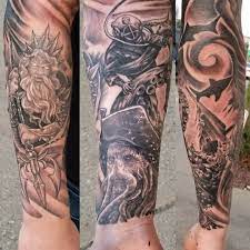 Finished Up This Lower Half Sleeve The Other Day Posiden Just A Little Under A Month Healed Davy Jones Is About A Week Leg Tattoos Posiden Tattoo Ship Tattoo