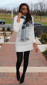 Blanket Scarf White Sweater Dress Black Tights And Black Heels On Style By Nia V White Sweater Dress Style Sweater Dress
