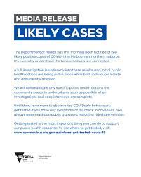 The department monitors active cases. Vicgovdh On Twitter Media Statement Two Likely Positive Cases Of Covid 19 In Melbourne S Northern Suburbs To See Where To Get Tested Visit Https T Co Wzi0u7bryw Https T Co J7bqqjpqdx
