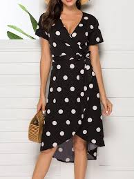 Black And White Polka Dot Summer Dress V Neck Short Sleeve Print Polka Dots Summer Dress Polka Dot Summer Dresses Black Wrap Dress Dresses