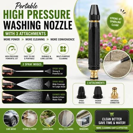 💦 Portable High Pressure Washing Water Nozzle (Black) 🚿 Powerful 3-in-1 Cleaning Nozzle ✓ High Pressure Water Flow Upgraded metal nozzle delivers 4X stronger water pressure for faster and more effective cleaning.