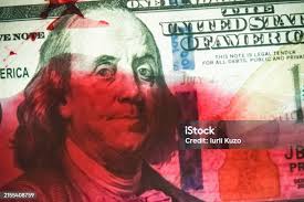 Imprint Of The Kiss On Portrait Of Benjamin Franklin On A Hundred Dollar  Bill Stock Photo