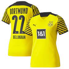 The borussia dortmund shirt is constructed of jersey featuring a custom print expertly rendered across the front panel with custom tag on neckline and hem. Borussia Dortmund Home Shirt 2021 22 Womens With Bellingham 22 Printing