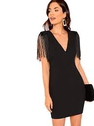 Shein Women S V Neck Sleeveless Tassel Bodycon Mini Short Dress Black Medium Short Mini Dress Short Dress Black Fashion