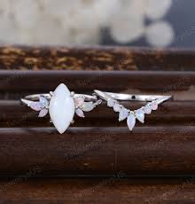 Marquise opal engagement ring set Vintage white gold opal engagement ring  Unique Cluster promise ring Bridal set wedding ring Anniversary