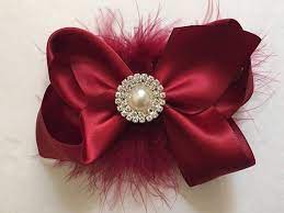 Wine Satin Hair Bow Clip Burgundy Hair Bow Marabou Feather Holiday Hair Bows Burgundy Hair Bridal Hair Flower Clip