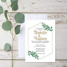 Printable Modern Simple Wedding Invitations With Olive Green Leaves Gold Foil Geometric Frame And Wordings Cheap Wedding Invitation Spring Wedding Invitation Cheap Wedding Invitations Spring Wedding Invitations Wedding Invitations Rustic