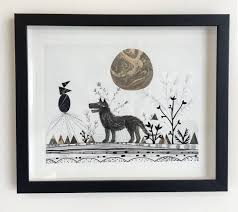 Fantasy art drawing of a wolf howling at the large moon in a star filled sky. Wolf Moon Framed Drawing Superhumanspirit
