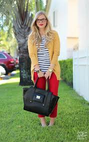 Black And White Striped Shirt With Red Pants Red Skinny White Black Stripe Shirt Yellow Cardigan Great Work Outfit Stylish Work Outfits Red Pants Outfit Yellow Cardigan Outfits