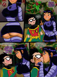 1boy 1girls artist signature ass big ass big breasts biting lip  black hair blackfire blush christmas clothed comic dat ass dc dc comics  dick grayson english text hyoreisan kissing