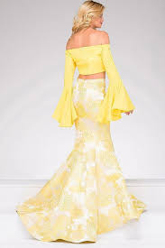 Long Bell Sleeve Two Piece Mermaid Gown In Yellow Long Sleeve Homecoming Dresses Prom Dresses Yellow Best Prom Dresses