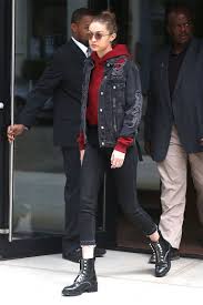 Gigi Hadid S Poofy Sleeves Make A Statement At Milan Fashion Week Jean Jacket Outfits Distressed Denim Jacket Black Denim Jacket Outfit
