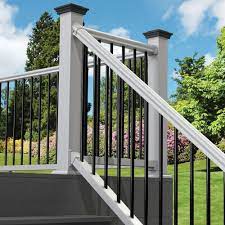 Veranda Traditional 6 Ft X 36 In White Polycomposite Stair Rail Kit With Black Metal Balusters 73024861 The Home Depot Railings Outdoor Patio Deck Designs Outdoor Stair Railing