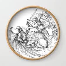 Angel Fighting Demon Over Earth World Tattoo Wall Clock By Patrimonio Society6