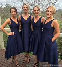 Navy Blue V Neck Bridesmaid Dress Tea Length Party Dress With Pocklets Bridesmaid Dresses Long Navy High Low Bridesmaid Dresses Navy Bridesmaid Dresses