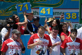 (any accounts of the contest dating back to 1916 are considered to be myth.) Nathan S Hot Dog Eating Contest Joey Chestnut Breaks Record Oxford S Geoffrey Esper Finishes Second Masslive Com