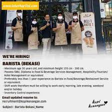 Lowongan kerja tahun 2020 lowongan kerja sma smk d3 s1 loker terbaru semua jurusan lowongan bank lowongan bumn lowongan cpns lowongan pekerjaan tahun 2020. Lowongan Kerja Barista Kopi Kenangan Bekasi 2021