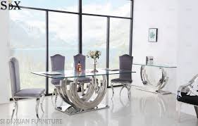 Merge formal and contemporary elements with a table featuring rich walnut and cherry surrounding framing and chocolate leather seats. China Modern Dining Room Furniture Glass Top Stainless Steel Dining Table China Dining Table Table