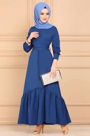 Modaselvim Elbise Aksesuar Dugmeli Firfirli Elbise 4165so376 Indigo Model Baju Wanita Model Pakaian Hijab Model Pakaian