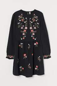 Floral embroidery dual belts asymmetrical long sleeve dress. Embroidery Detail Dress Black Flowers Ladies H M