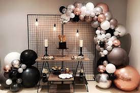 Red, pink and rose gold tassel garland. Black Grey And Rose Gold Balloon Garland Black Grid Backdrop Stylish Soirees Perth Balloon Decorations Party Birthday Party Decorations Birthday Table