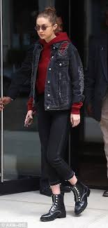 Gigi Hadid Carries Zayn Malik S French Bulldog Red Hoodie Outfit Black Denim Jacket Outfit Denim Street Style