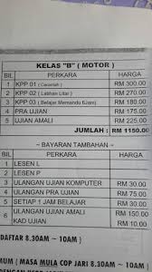 Maksudnya bila kita ada lesen 'l' b full ni kita dah boleh dah bawak motorsikal lebih ini harga untuk kategari upgrade lesen b2 ke b full. Harga Kelas Lesen Pusat Memandu Jesselton Sdn Bhd Facebook