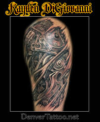 A type of biomechanical tattoo is known as skin ripped tattoo and is shown as if the skin or the muscles of the person's body is being ripped apart. Biomechanical Tattooer Net