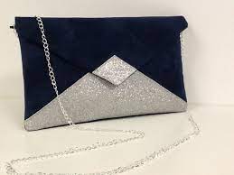 Pochette Soiree Bleu Marine Suedine Et Paillettes Argentees Etsy Clutch Handbag Silver Clutch Leather Luggage Tags