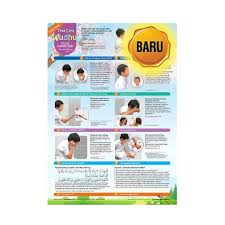 Saya niat berwudhu untuk menghilangkan hadas kecil, fardhu karena allah. membaca 'basmallah' dan membasuh tangan pergelangan tangan hingga bersih sebanyak tiga kali. Poster Anak Tata Cara Wudhu Graha Buku Herbal