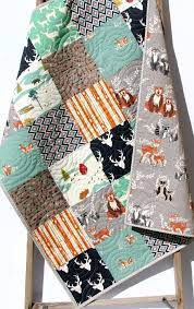 Amazon Com Rustic Boy Quilt Modern Baby Bedding Arrows Woodland Animals Deer Bear Brown Navy Blue Mint Teal Green Orange Buck Fox Handmade Crib Or Toddler Size Aztec Forest Nursery Crib Quilt