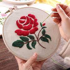 Red Rose Hand Embroidery Diy Kit Printed Pattern Linen Hoop Etsy Embroidery Patterns Rose Embroidery Designs Diy Embroidery