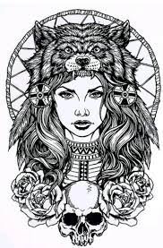 A Black And White Temporary Tattoo Of A Girl And Her Totem Animal Wolf Headdress This Would Be Great For This S Sleeve Tattoos Headdress Tattoo Indian Tattoo