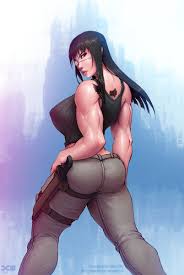 barretxiii, sofia valmer, jormungand (manga), highres, 1girl, ass, black  hair, breasts, female focus, knife, large breasts, long hair, muscular,  solo, tattoo, weapon, yellow eyes - Image View - | Gelbooru - Free