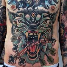 Realistic colored evils and skull tattoo on left full sleeve for men. 99 Large Stomach Tattoos To Turn Your Body Into A Work Of Art